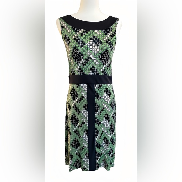 Tory Burch 100% Silk Dress M Navy Blue Green Chain Link Print Boat Neck Gold Zip - Picture 1 of 9